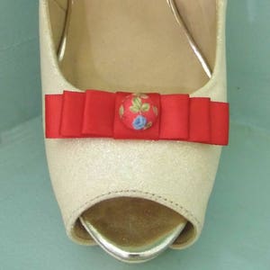 Handmade Small Red Bow Shoe Clips with Oriental Style Button Centre