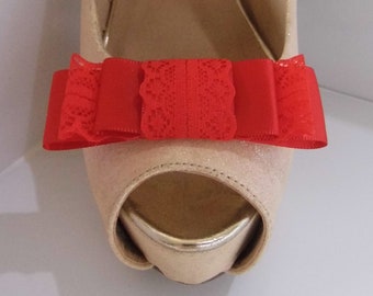 Handmade Red Satin & Lace Triple Bow Shoe Clips