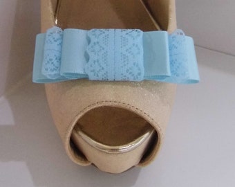 Handmade Baby Blue Satin & Lace Triple Bow Shoe Clips
