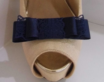 Handmade Navy Satin & Lace Triple Bow Shoe Clips