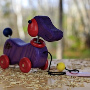 Dog Wooden Pull Toy with Bobbing Head and Tail / Handmade in Canada Natural Childrens Toy Toddler Wood Pull Toy Animal Pulling Toy image 1