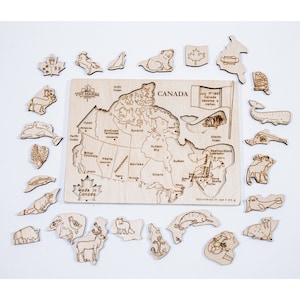 Puzzle per bambini con mappa del Canada con animali nativi - Puzzle con intarsio di mappa in legno / Realizzato a mano in Canada, divertente mappa dell'atlante della fauna selvatica canadese regalo per bambini
