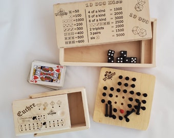Wooden Board Game Bundle - Euchre Card Game Box - Dice Game Box  - Peg Elimination Game