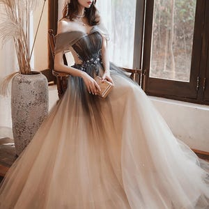 Luxury Ombre Blue Organza Evening Dress,A Line Off The Shoulder Prom Dress Y8368 main image 0