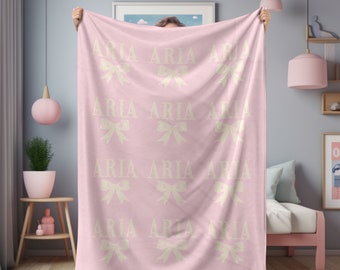 Custom Pink Coquette Bow Blanket, Personalized Coquette Gear, Girly Soft Velveteen Plush Blanket, Cozy Ribbons Throw, Coquette Room Decor