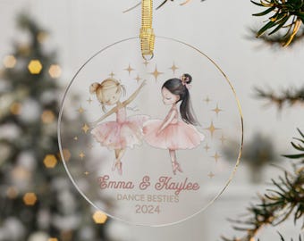 Adorno de acrílico personalizado de bailarina de Navidad con los mejores amigos del baile, adorno de árbol con nombres personalizados, regalo de recuerdo de amistad de bailarina de ballet navideña
