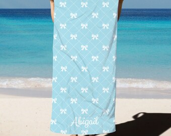 Personalized Blue Bow Coquette Towel, Custom Name Beach Towel, Summer Gift, Dance Nationals Gift, Checkered Pool Towel, Girly Beach Towel