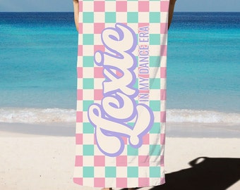 Personalized Dance Name Towel, Custom Dancer Pool Towel, Competitive Dance Nationals & Recital Gift, Checkered Dancer Leaping Beach Towel