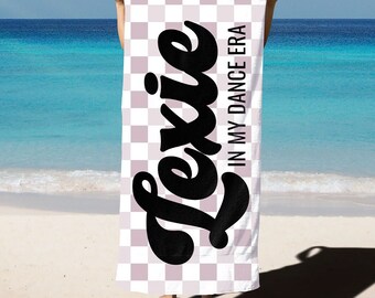 Personalized Dance Name Towel, Custom Dancer Pool Towel, Competitive Dance Nationals & Recital Gift, Checkered Dancer Leaping Beach Towel
