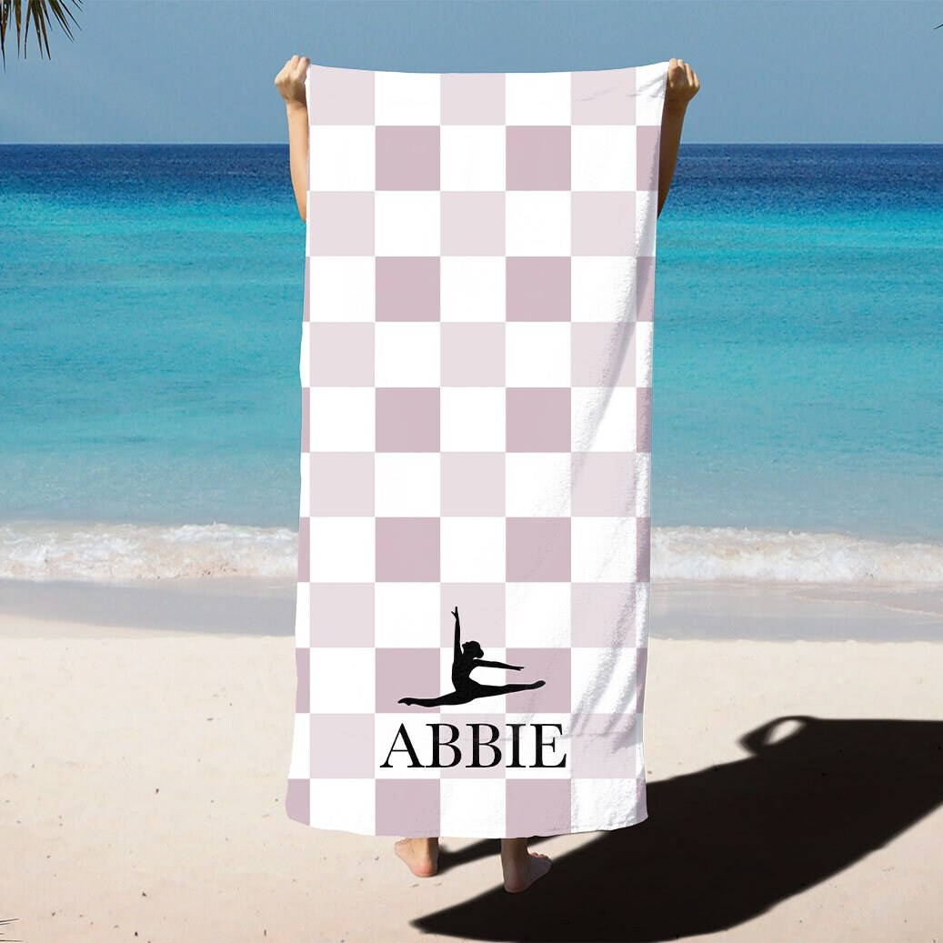 Personalized Dance Name Towel, Custom Dancer Pool Towel, Competitive Dance Nationals & Recital Gift, Checkered Dancer Leaping Beach Towel