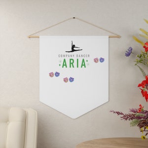 May include: White banner with a black silhouette of a dancer in a split position. The banner reads "Company Dancer *ARIA*" with green text and stars. There are several colourful stickers on the banner.