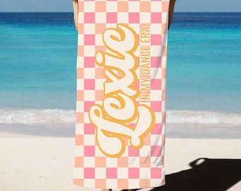 Personalized Dance Name Towel, Custom Dancer Pool Towel, Competitive Dance Nationals & Recital Gift, Checkered Dancer Leaping Beach Towel