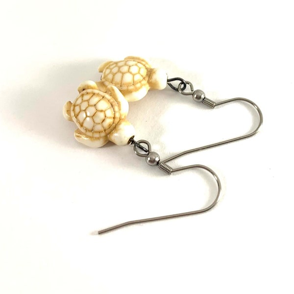 Pair of Hypo-allergenic Stainless Steel Silver Antiqued Carved Ivory Synthetic Magnesite Stone Sea Turtle Hook Earrings