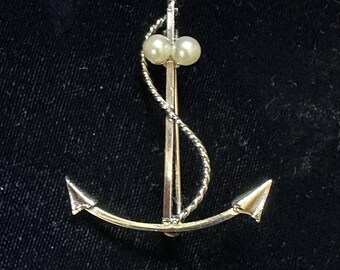 Vintage Sterling Silver & Cultured Pearl Anchor Pin signed DEC