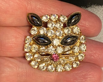 Vintage Cat Face Rhinestone Pin