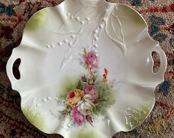 Antique RS Prussia Cakeplate Lily of Valley Embossing w/ Rose Design 12”