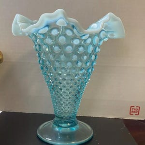 Fenton Blue Opalescent Hobnail Trumpet Vase With Ruffled edge  7.5”