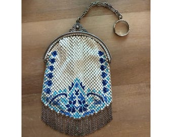 Borsa a rete Art Déco con catena e anello per il dito, blu e bianca