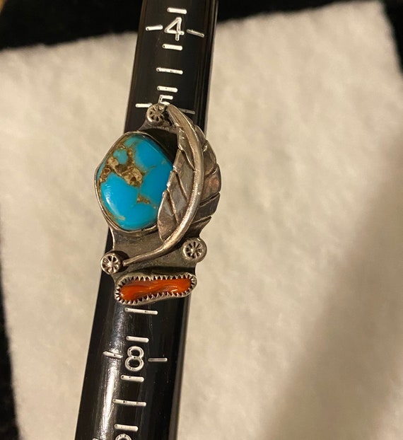 Vintage Navajo Sterling Turquoise & Coral Ring Sz… - image 8