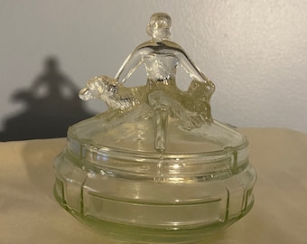 RARE L.E Smith Co '30s Depression Glass Art Deco Animal Figural Powder Jar named Basset Hound