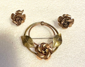 Vintage Krementz Circle Rose pin with Matching rose Earrings