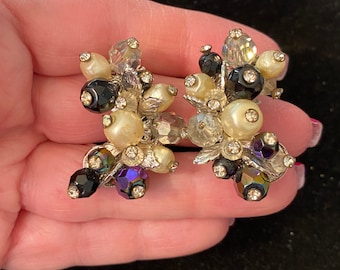 Vintage Vendome Wired Bead Earrings Silver Black, crystal & Pearl