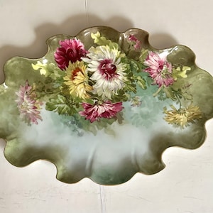 Viktorianisches Handgemaltes Limoges Tablett Blumen Rosa Gelb Künstler signiert