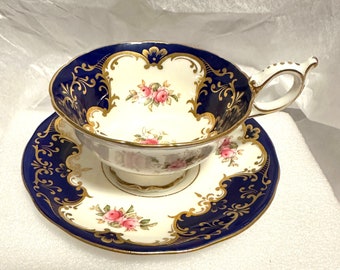 Antique Coalport Porcelain Cup & Saucer Cobalt Blue, Gold w/ Flowers