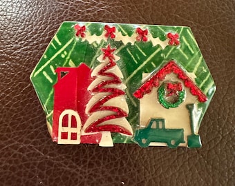 Spilla a forma di casa di Lucinda Christmas Rosso Verde Glitter