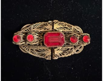 Antique Filigree & Red Jewel 2pc Buckle Gold Gilt