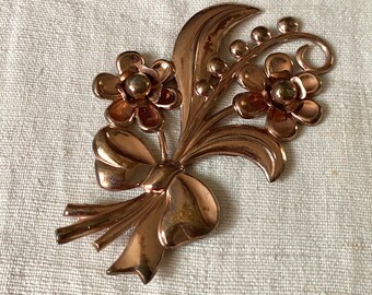 Art Deco Sterling Flower Pin W/ Rose Gold Overlay