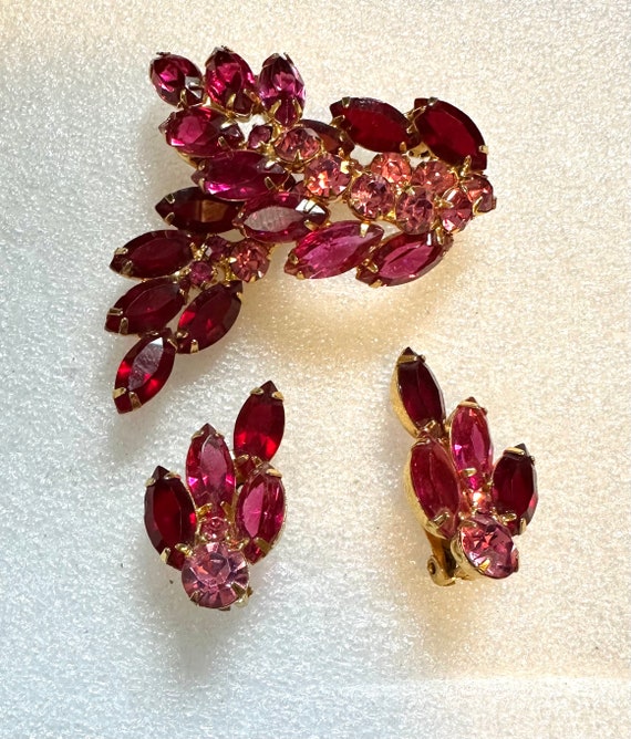 Juliana Red & Pink Rhinestone Pin and Earrings Set