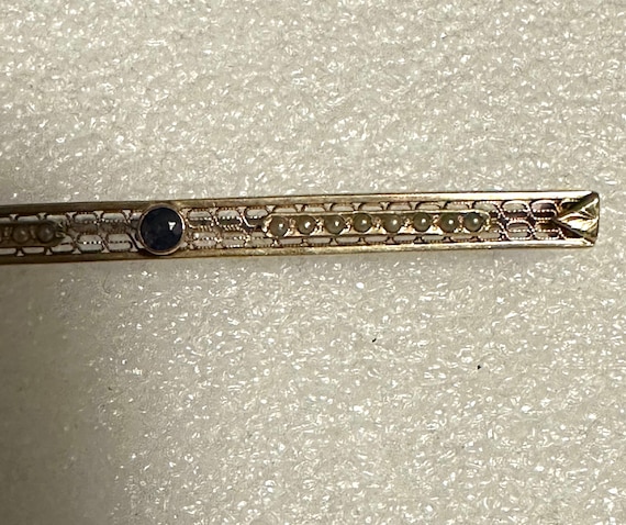 Art Deco 10k Gold Seed Pearl & Blue Sapphire Bar … - image 3