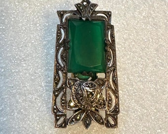 Art Deco Dress Clip Sterling Silver Marcasites and Chrysoprase