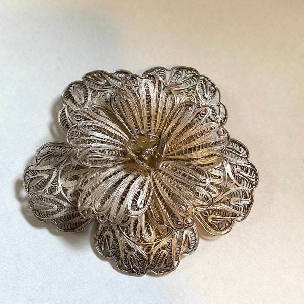 Vintage Handmade Mexican Filigree Sterling Silver 3” Flower Brooch