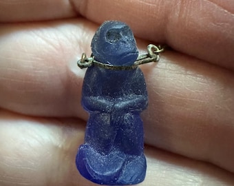 Antique CZECH Glass CRACKERJACK Charm Monkey Blue With Collar And Leash