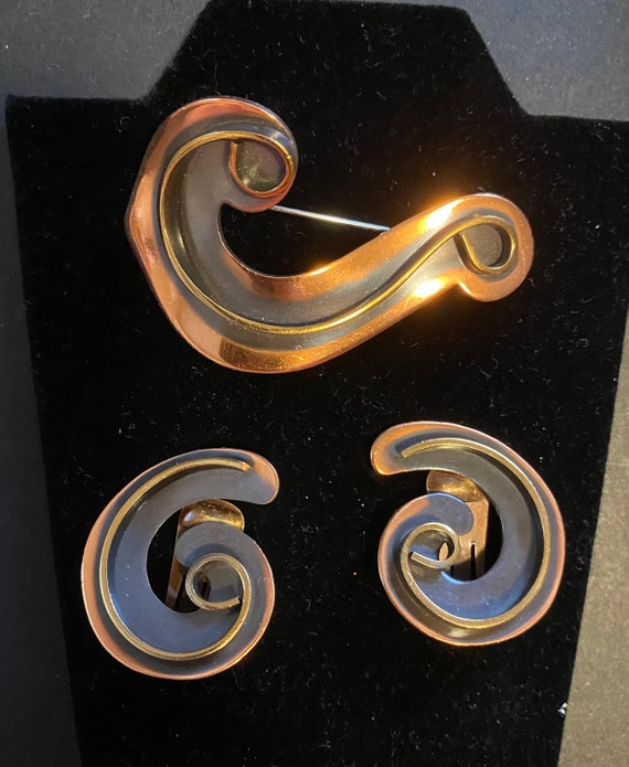 MCM Copper Pin & Earrings Set Swirl Modernist