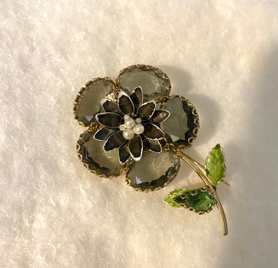 Vintage Juliana Flower Pin Smokey Topaz - image 1