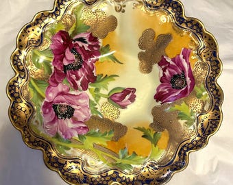 Antica ciotola in porcellana giapponese con fiori di papavero, perline rosa fucsia e oro, 11 pollici