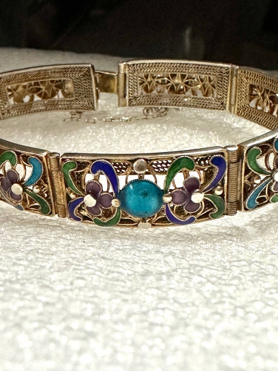 Vintage Chinese Silver & Enamel Filigree Bracelet