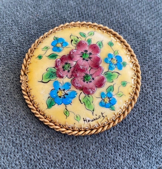Vintage French Enamel Floral Pin Signed