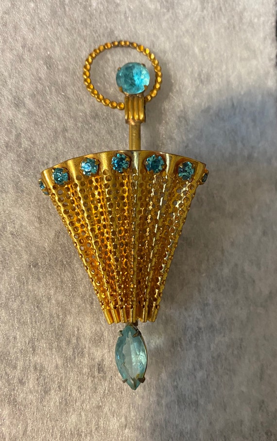 1950’s Gold Tone & Blue Rhinestone Umbrella Pin