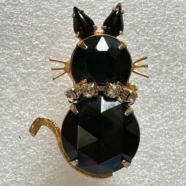 Vintage Black Rhinestone Cat Pin