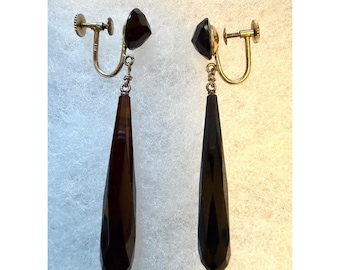 Art Deco Black Jet & 14k White Gold Dangle Earrings