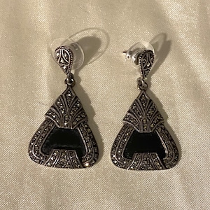 Vintage hangoorbellen in Victoriaanse stijl, sterling, marcasiet en onyx