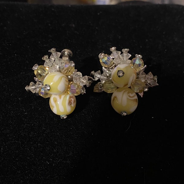 Vintage Vendome Earrings Crystal & Yellow Art Glass Beads