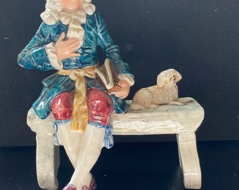 Antique German Majolica Figurine Colonial man & Spaniel Dog Sitting on Bench