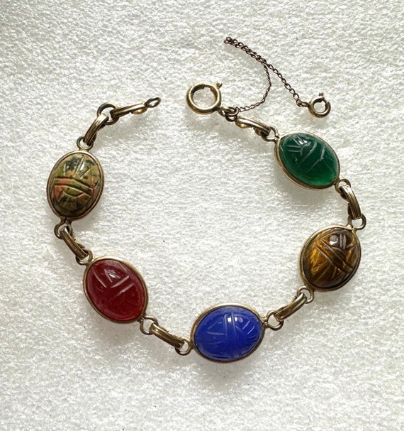 Vintage Genuine Carved Stone Scarab Bracelet 12k G