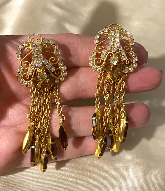 Vintage Juliana Earrings Gold Tone Scroll Work Am… - image 4