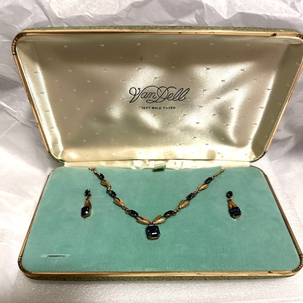 Vintage VAN DELL 12k GF Sapphire Necklace Earring Set Orig Box